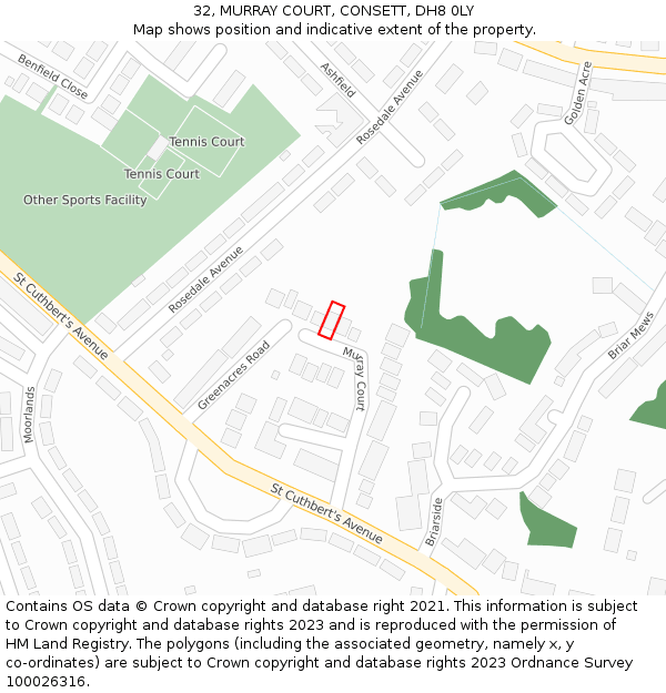 32, MURRAY COURT, CONSETT, DH8 0LY: Location map and indicative extent of plot