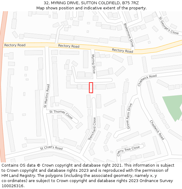 32, MYRING DRIVE, SUTTON COLDFIELD, B75 7RZ: Location map and indicative extent of plot