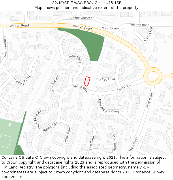 32, MYRTLE WAY, BROUGH, HU15 1SR: Location map and indicative extent of plot