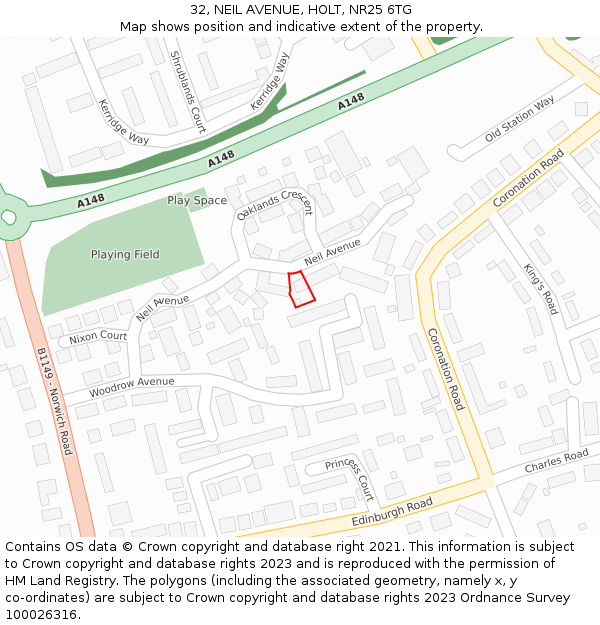 32, NEIL AVENUE, HOLT, NR25 6TG: Location map and indicative extent of plot