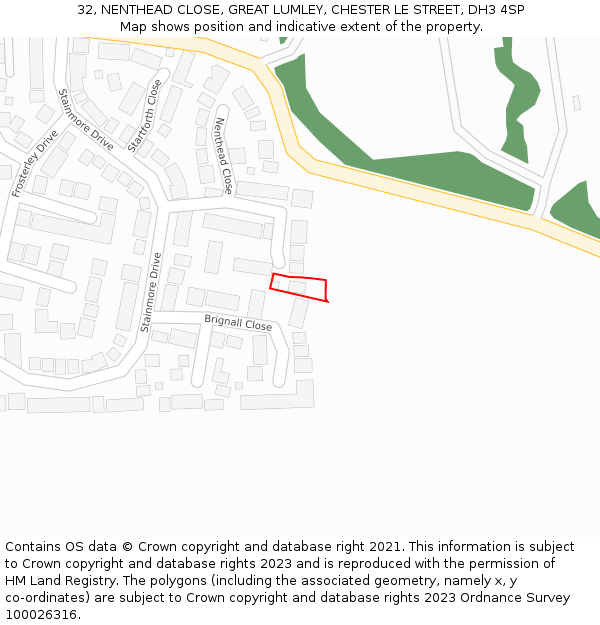 32, NENTHEAD CLOSE, GREAT LUMLEY, CHESTER LE STREET, DH3 4SP: Location map and indicative extent of plot