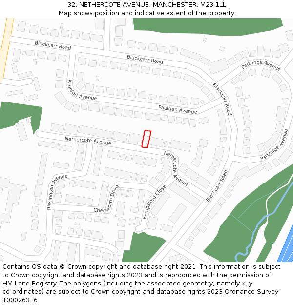 32, NETHERCOTE AVENUE, MANCHESTER, M23 1LL: Location map and indicative extent of plot