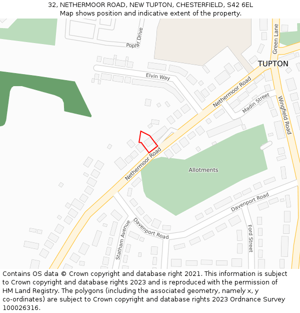 32, NETHERMOOR ROAD, NEW TUPTON, CHESTERFIELD, S42 6EL: Location map and indicative extent of plot