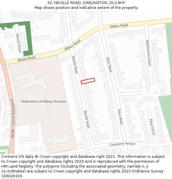 32, NEVILLE ROAD, DARLINGTON, DL3 8HY: Location map and indicative extent of plot