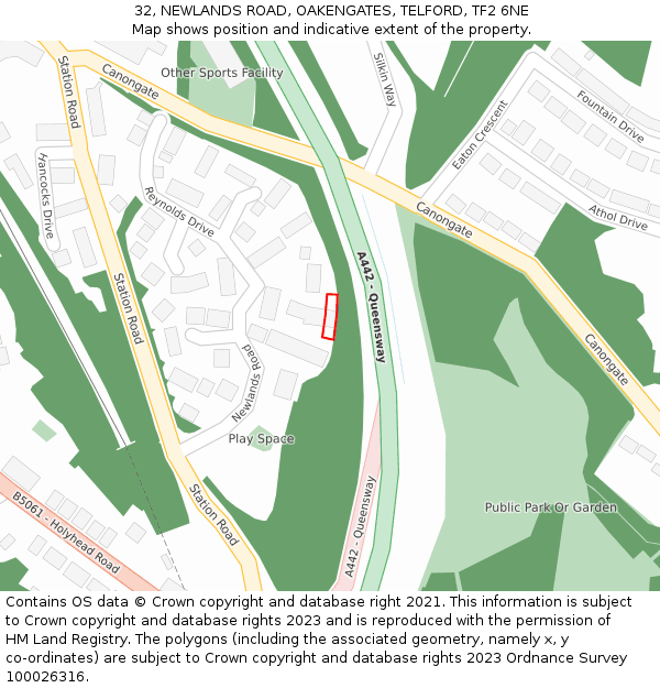 32, NEWLANDS ROAD, OAKENGATES, TELFORD, TF2 6NE: Location map and indicative extent of plot