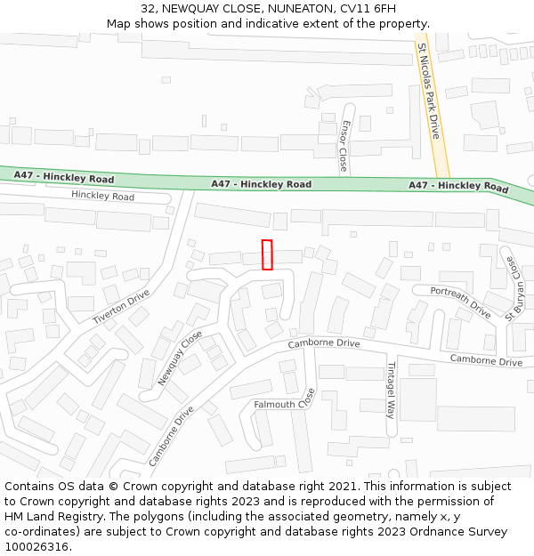 32, NEWQUAY CLOSE, NUNEATON, CV11 6FH: Location map and indicative extent of plot