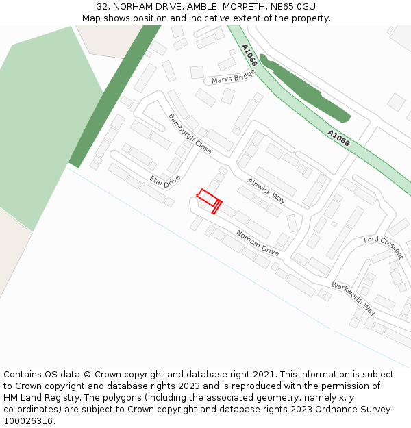 32, NORHAM DRIVE, AMBLE, MORPETH, NE65 0GU: Location map and indicative extent of plot