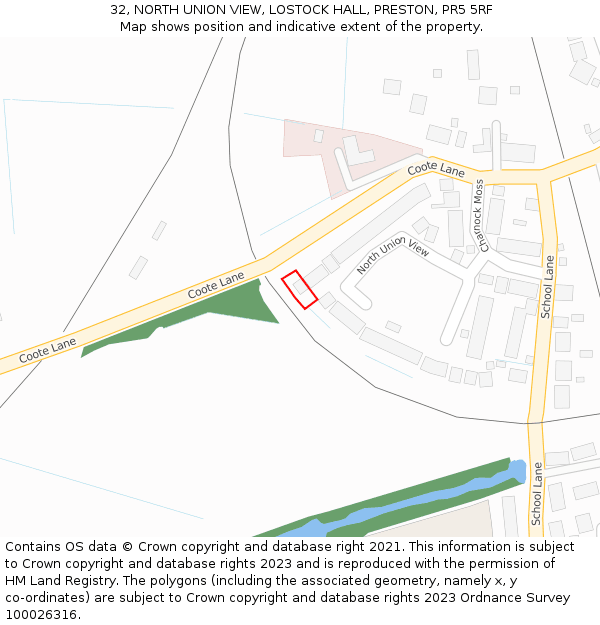 32, NORTH UNION VIEW, LOSTOCK HALL, PRESTON, PR5 5RF: Location map and indicative extent of plot