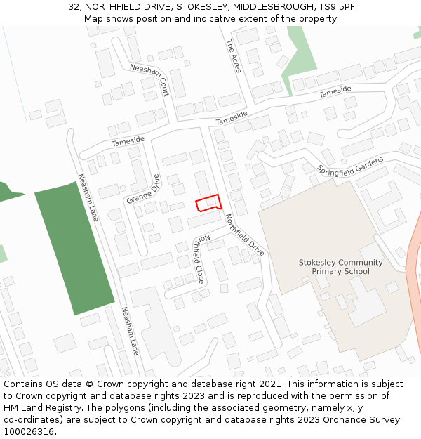 32, NORTHFIELD DRIVE, STOKESLEY, MIDDLESBROUGH, TS9 5PF: Location map and indicative extent of plot