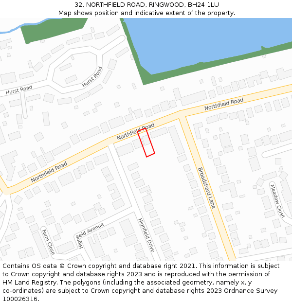 32, NORTHFIELD ROAD, RINGWOOD, BH24 1LU: Location map and indicative extent of plot