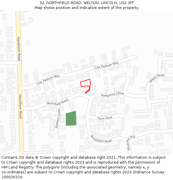 32, NORTHFIELD ROAD, WELTON, LINCOLN, LN2 3FF: Location map and indicative extent of plot