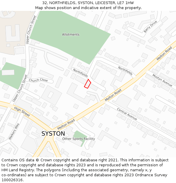 32, NORTHFIELDS, SYSTON, LEICESTER, LE7 1HW: Location map and indicative extent of plot