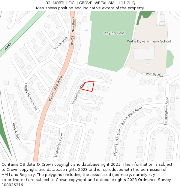 32, NORTHLEIGH GROVE, WREXHAM, LL11 2HQ: Location map and indicative extent of plot