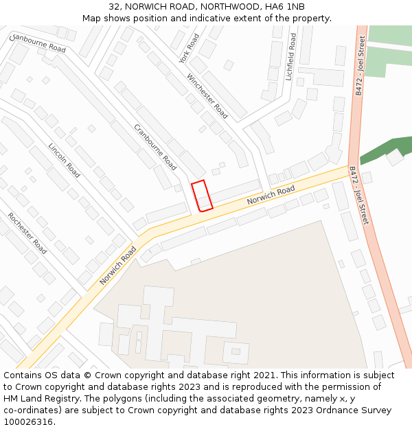 32, NORWICH ROAD, NORTHWOOD, HA6 1NB: Location map and indicative extent of plot