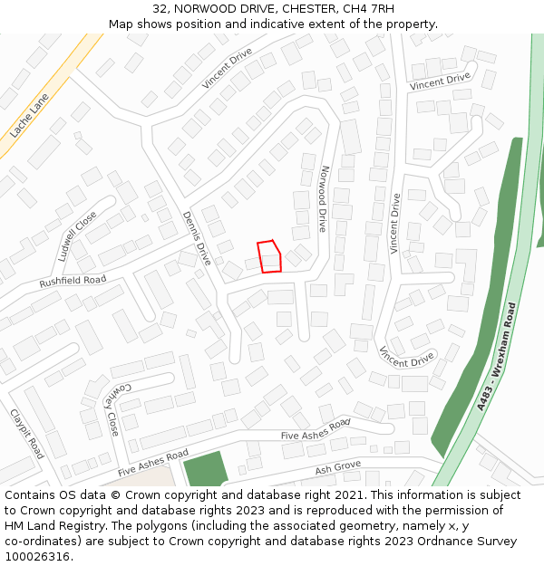 32, NORWOOD DRIVE, CHESTER, CH4 7RH: Location map and indicative extent of plot