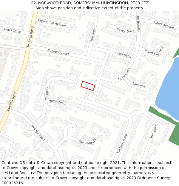 32, NORWOOD ROAD, SOMERSHAM, HUNTINGDON, PE28 3EZ: Location map and indicative extent of plot