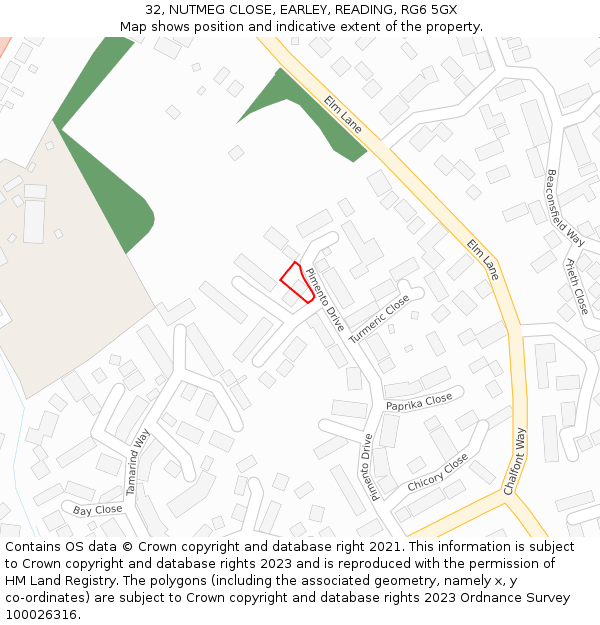 32, NUTMEG CLOSE, EARLEY, READING, RG6 5GX: Location map and indicative extent of plot