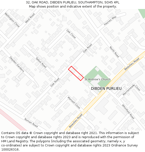 32, OAK ROAD, DIBDEN PURLIEU, SOUTHAMPTON, SO45 4PL: Location map and indicative extent of plot