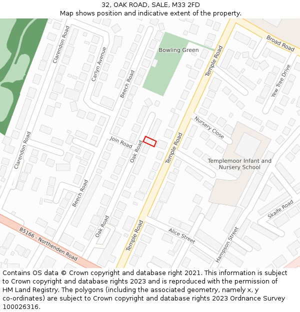 32, OAK ROAD, SALE, M33 2FD: Location map and indicative extent of plot