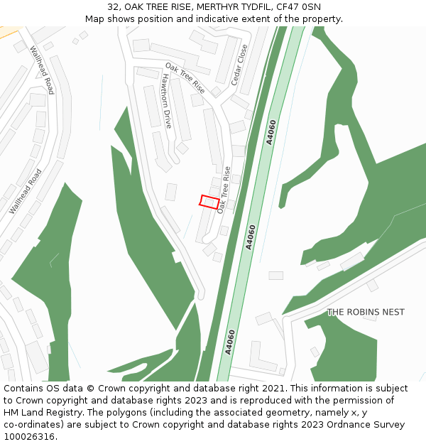 32, OAK TREE RISE, MERTHYR TYDFIL, CF47 0SN: Location map and indicative extent of plot