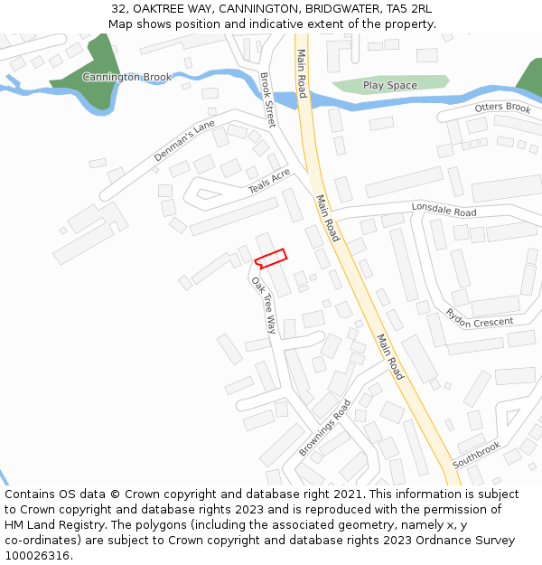 32, OAKTREE WAY, CANNINGTON, BRIDGWATER, TA5 2RL: Location map and indicative extent of plot