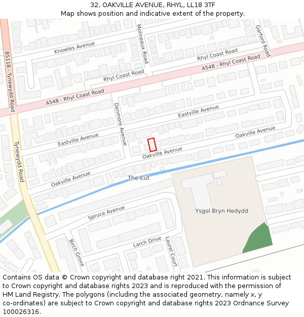 32, OAKVILLE AVENUE, RHYL, LL18 3TF: Location map and indicative extent of plot