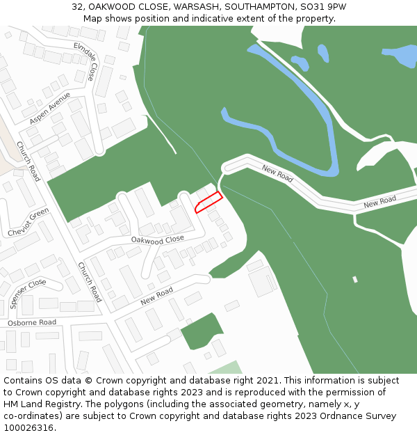 32, OAKWOOD CLOSE, WARSASH, SOUTHAMPTON, SO31 9PW: Location map and indicative extent of plot