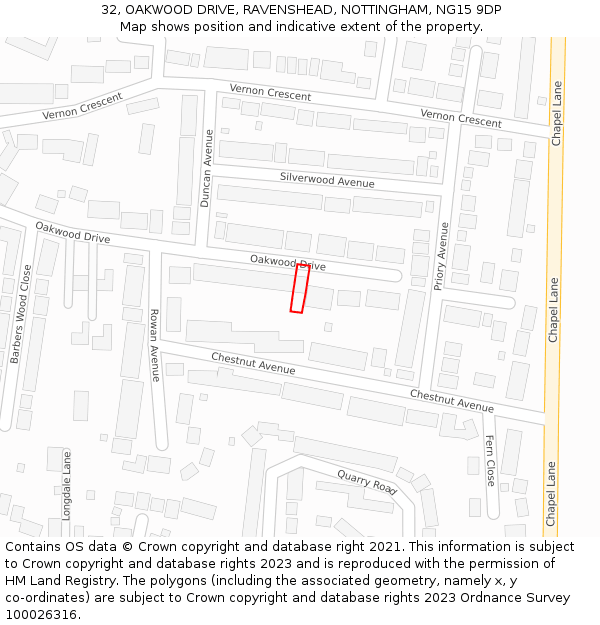 32, OAKWOOD DRIVE, RAVENSHEAD, NOTTINGHAM, NG15 9DP: Location map and indicative extent of plot