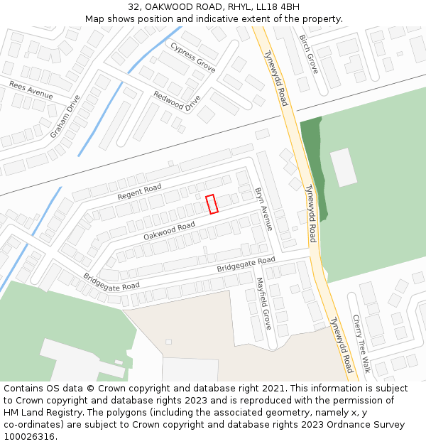 32, OAKWOOD ROAD, RHYL, LL18 4BH: Location map and indicative extent of plot