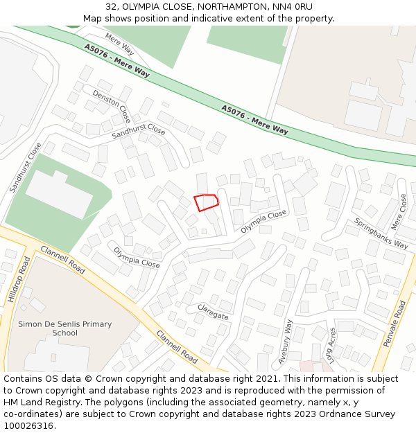 32, OLYMPIA CLOSE, NORTHAMPTON, NN4 0RU: Location map and indicative extent of plot