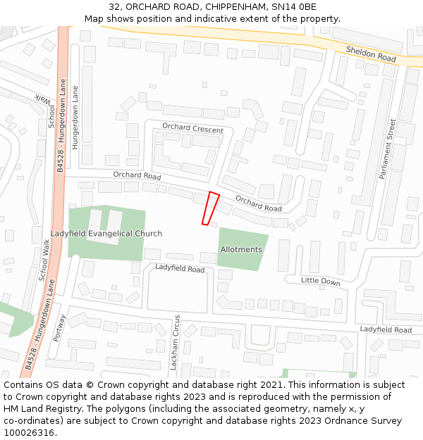 32, ORCHARD ROAD, CHIPPENHAM, SN14 0BE: Location map and indicative extent of plot