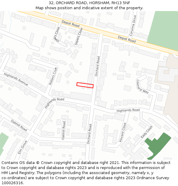 32, ORCHARD ROAD, HORSHAM, RH13 5NF: Location map and indicative extent of plot