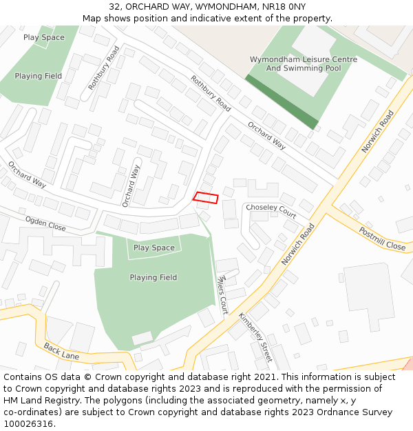 32, ORCHARD WAY, WYMONDHAM, NR18 0NY: Location map and indicative extent of plot