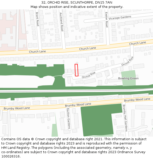 32, ORCHID RISE, SCUNTHORPE, DN15 7AN: Location map and indicative extent of plot