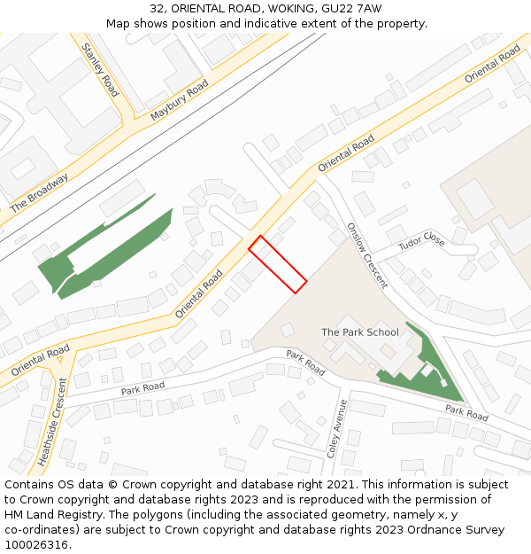 32, ORIENTAL ROAD, WOKING, GU22 7AW: Location map and indicative extent of plot