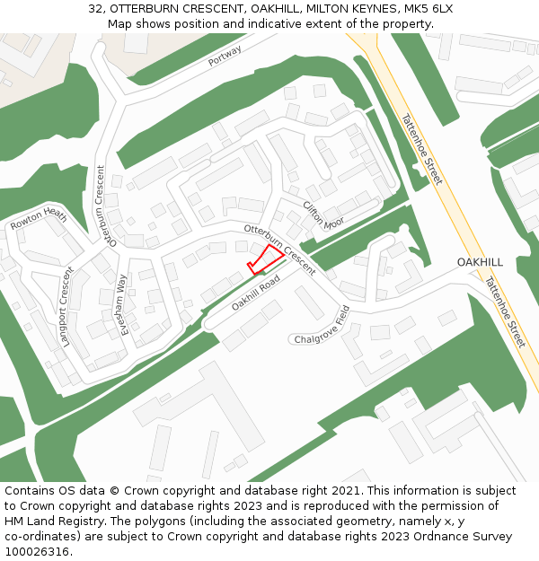 32, OTTERBURN CRESCENT, OAKHILL, MILTON KEYNES, MK5 6LX: Location map and indicative extent of plot