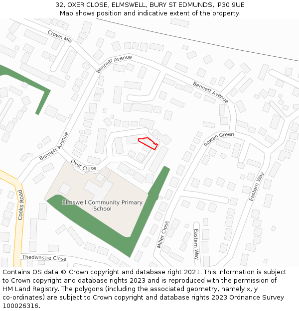 32, OXER CLOSE, ELMSWELL, BURY ST EDMUNDS, IP30 9UE: Location map and indicative extent of plot