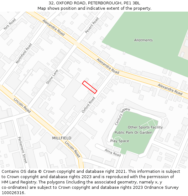 32, OXFORD ROAD, PETERBOROUGH, PE1 3BL: Location map and indicative extent of plot