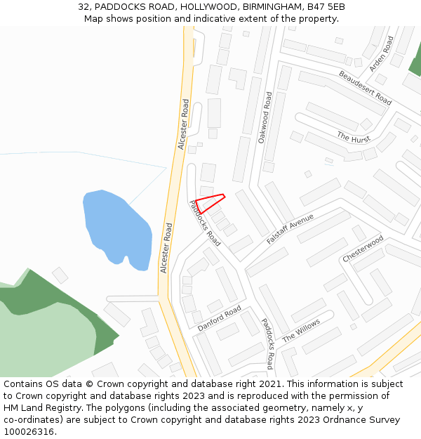 32, PADDOCKS ROAD, HOLLYWOOD, BIRMINGHAM, B47 5EB: Location map and indicative extent of plot