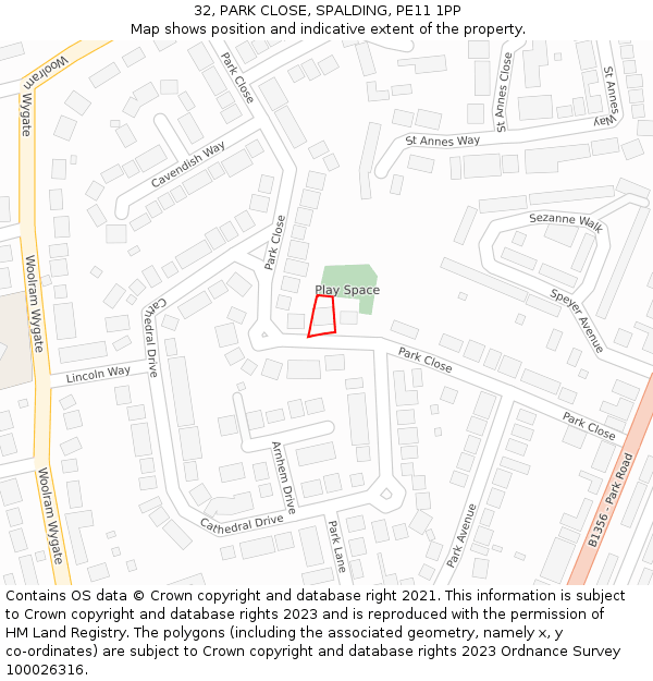 32, PARK CLOSE, SPALDING, PE11 1PP: Location map and indicative extent of plot