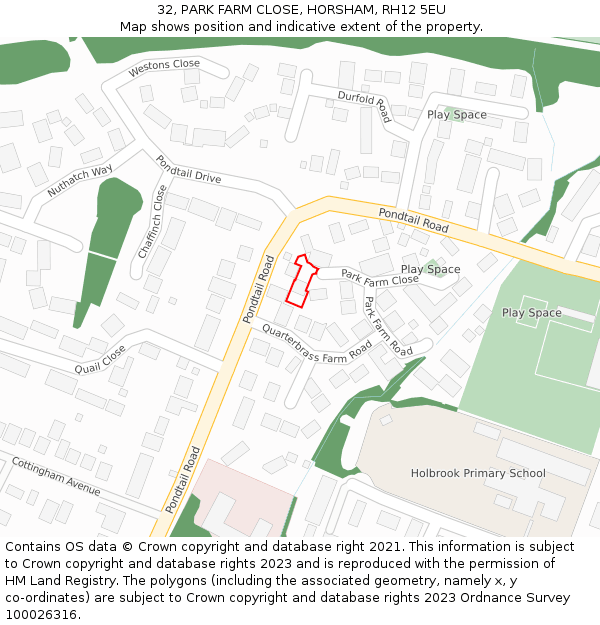 32, PARK FARM CLOSE, HORSHAM, RH12 5EU: Location map and indicative extent of plot