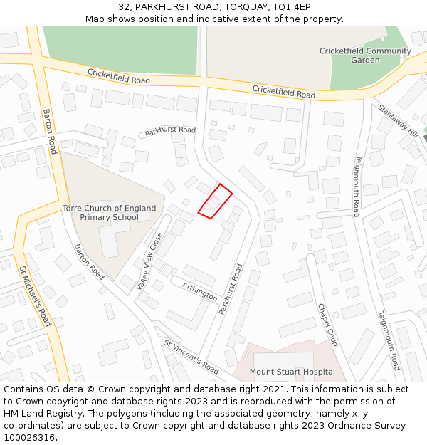 32, PARKHURST ROAD, TORQUAY, TQ1 4EP: Location map and indicative extent of plot