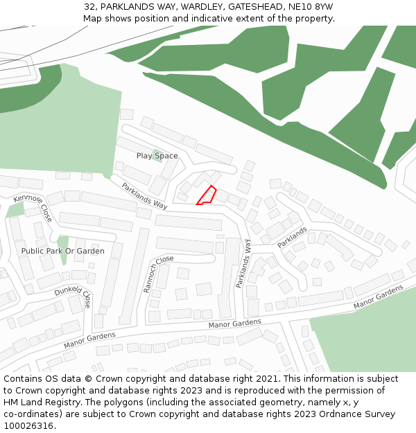 32, PARKLANDS WAY, WARDLEY, GATESHEAD, NE10 8YW: Location map and indicative extent of plot