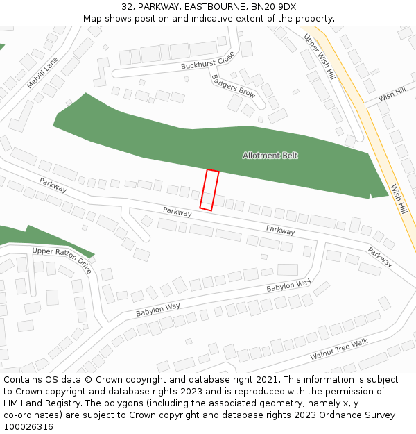 32, PARKWAY, EASTBOURNE, BN20 9DX: Location map and indicative extent of plot