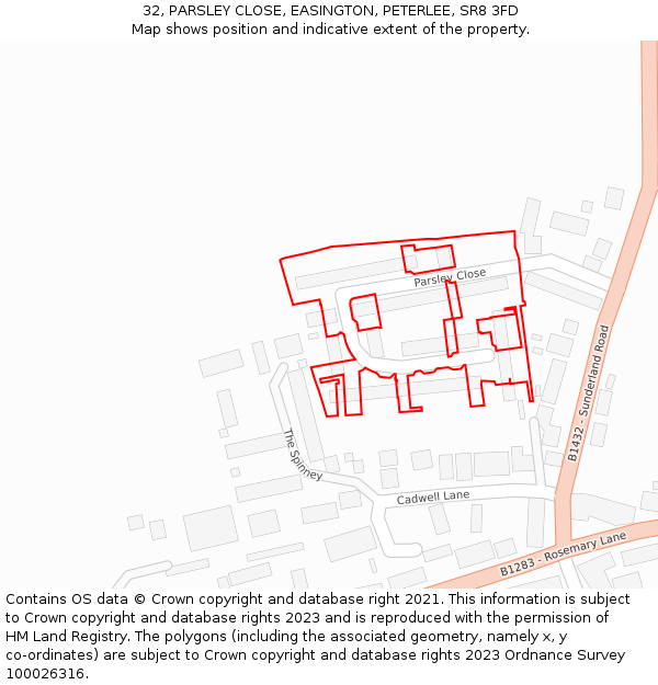 32, PARSLEY CLOSE, EASINGTON, PETERLEE, SR8 3FD: Location map and indicative extent of plot