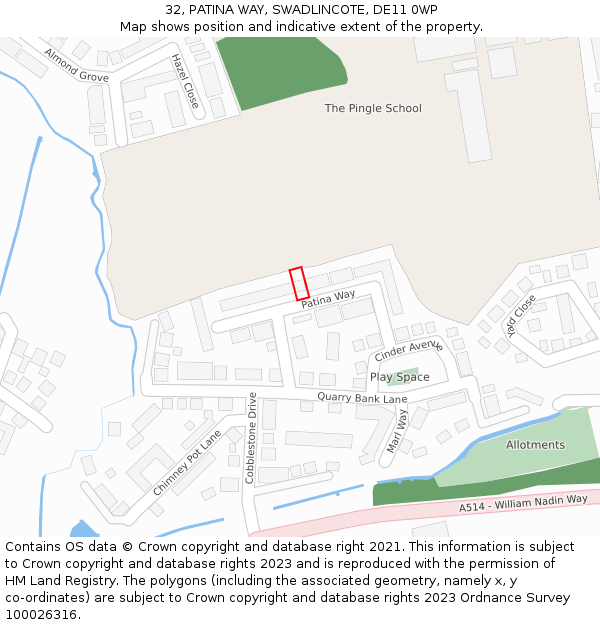 32, PATINA WAY, SWADLINCOTE, DE11 0WP: Location map and indicative extent of plot