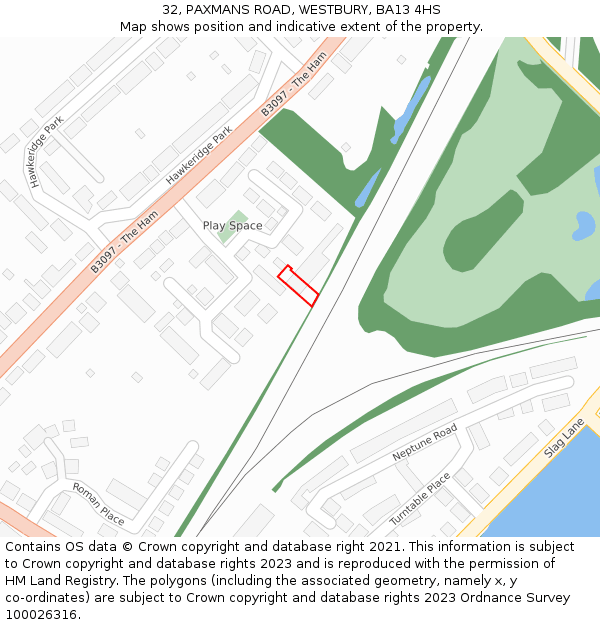 32, PAXMANS ROAD, WESTBURY, BA13 4HS: Location map and indicative extent of plot