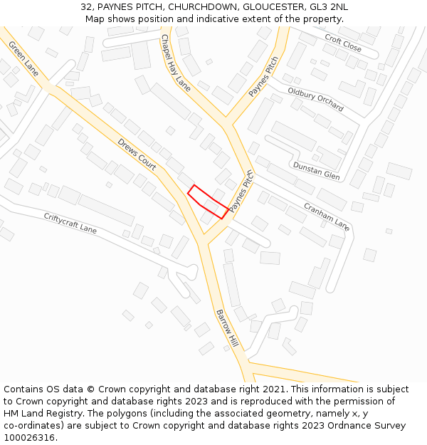 32, PAYNES PITCH, CHURCHDOWN, GLOUCESTER, GL3 2NL: Location map and indicative extent of plot