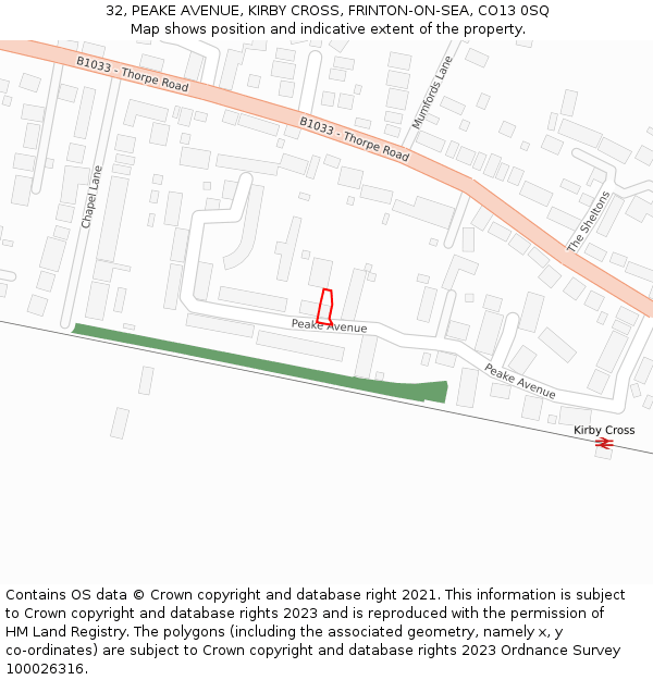 32, PEAKE AVENUE, KIRBY CROSS, FRINTON-ON-SEA, CO13 0SQ: Location map and indicative extent of plot