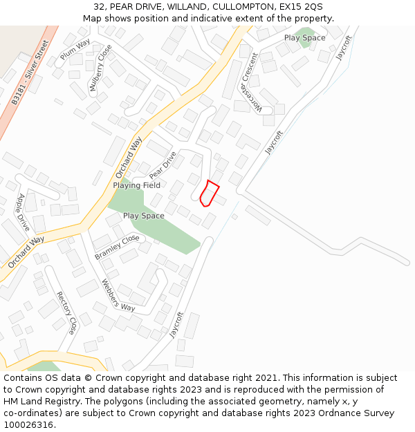 32, PEAR DRIVE, WILLAND, CULLOMPTON, EX15 2QS: Location map and indicative extent of plot